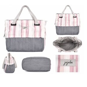 JuJuBe Diaper Bag Tote Pink Gray Striped Baby Bag Large Zip Top